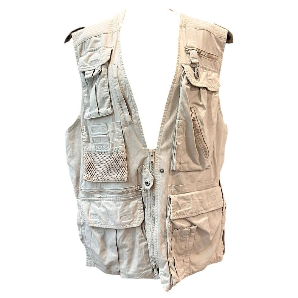 80s Banana Republic Tan & Cream Cotton Vest Utility Fishing Size Medium